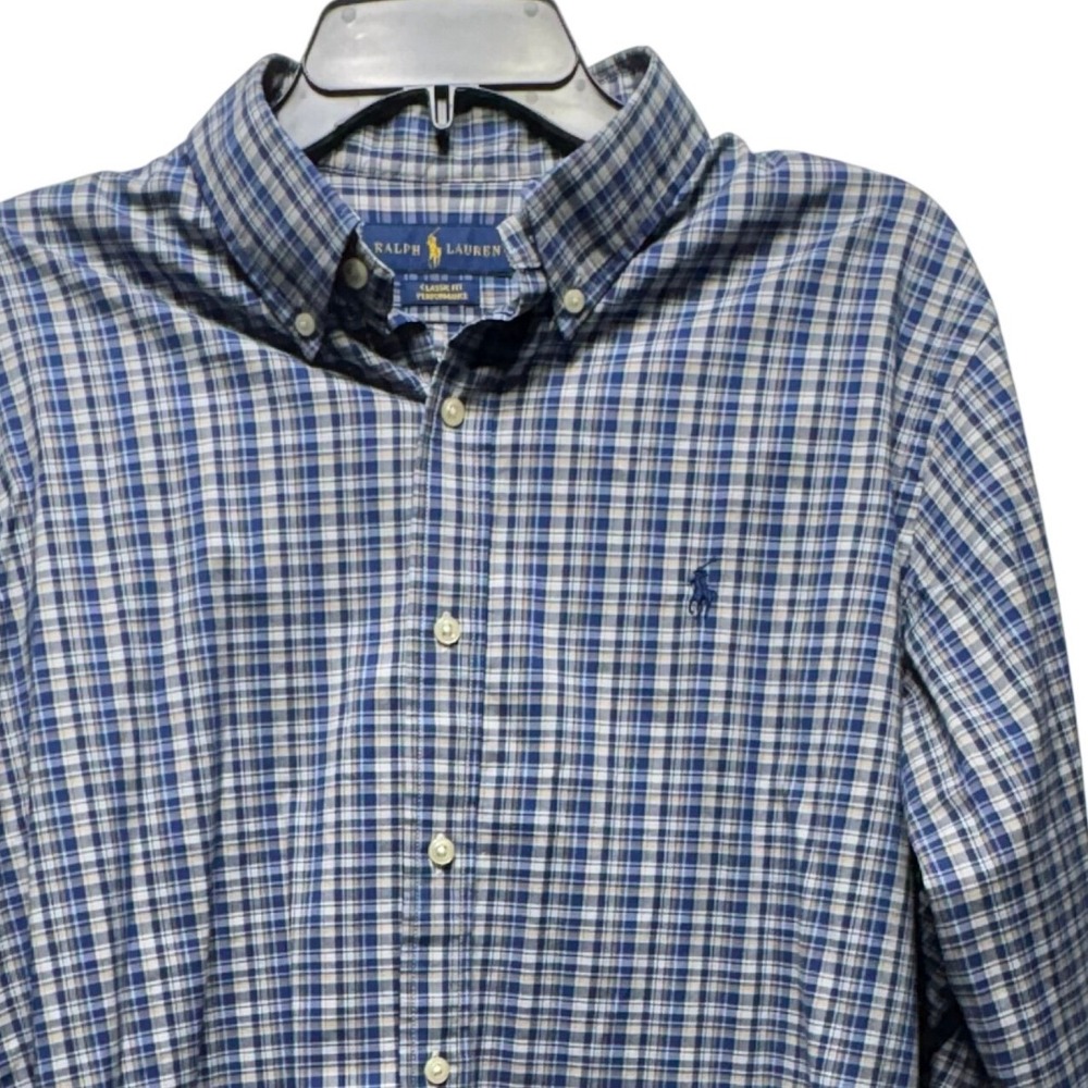 Ralph Lauren Performance Classic Fit Blue Plaid Button Down Shirt Mens Large L